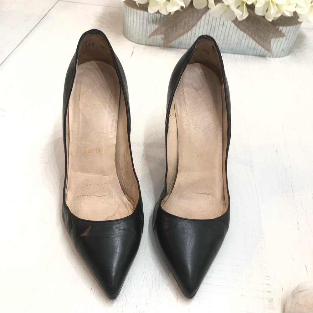 Christian Louboutin Black Leather Pointed Heels Sz 39 1/2 - Picture 2 of 15